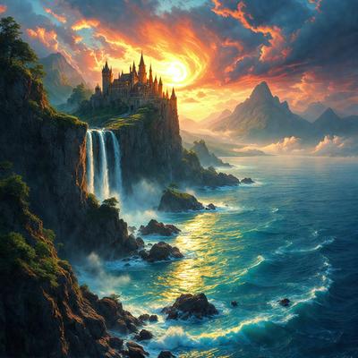 Primary subject: A beautiful castle with a waterfall in front of it.

Setting/background: The castle is situated on a cliff overlooking the ocean. The waterfall is located in front of the castle, adding to the scenic view.

Visual style: The image is a digital art piece, showcasing the castle and waterfall in a stylized manner.

Colors and mood: The colors in the image are predominantly blue and orange, creating a serene and majestic atmosphere.